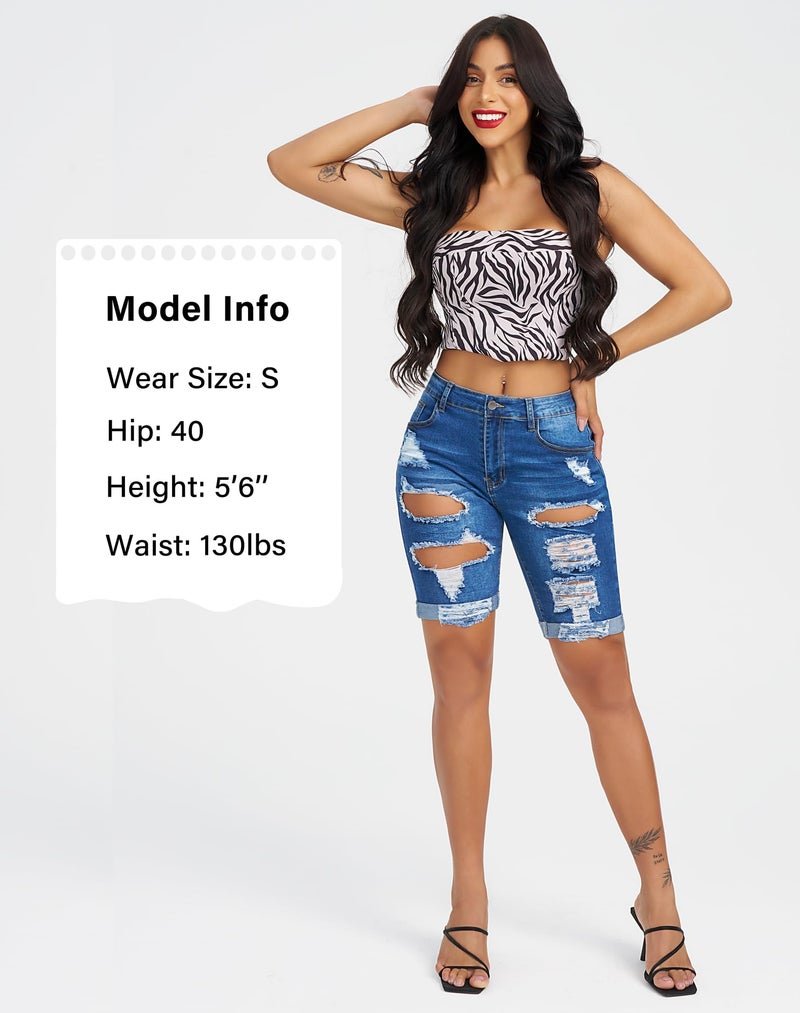 roswear Women's Ripped Denim Mid Rise Stretchy Bermuda Shorts Jeans Denim Large - Image 2